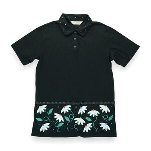 Vintage Bechamel Women's Floral Embroidered Black T-Shirt Short Sleeve Small